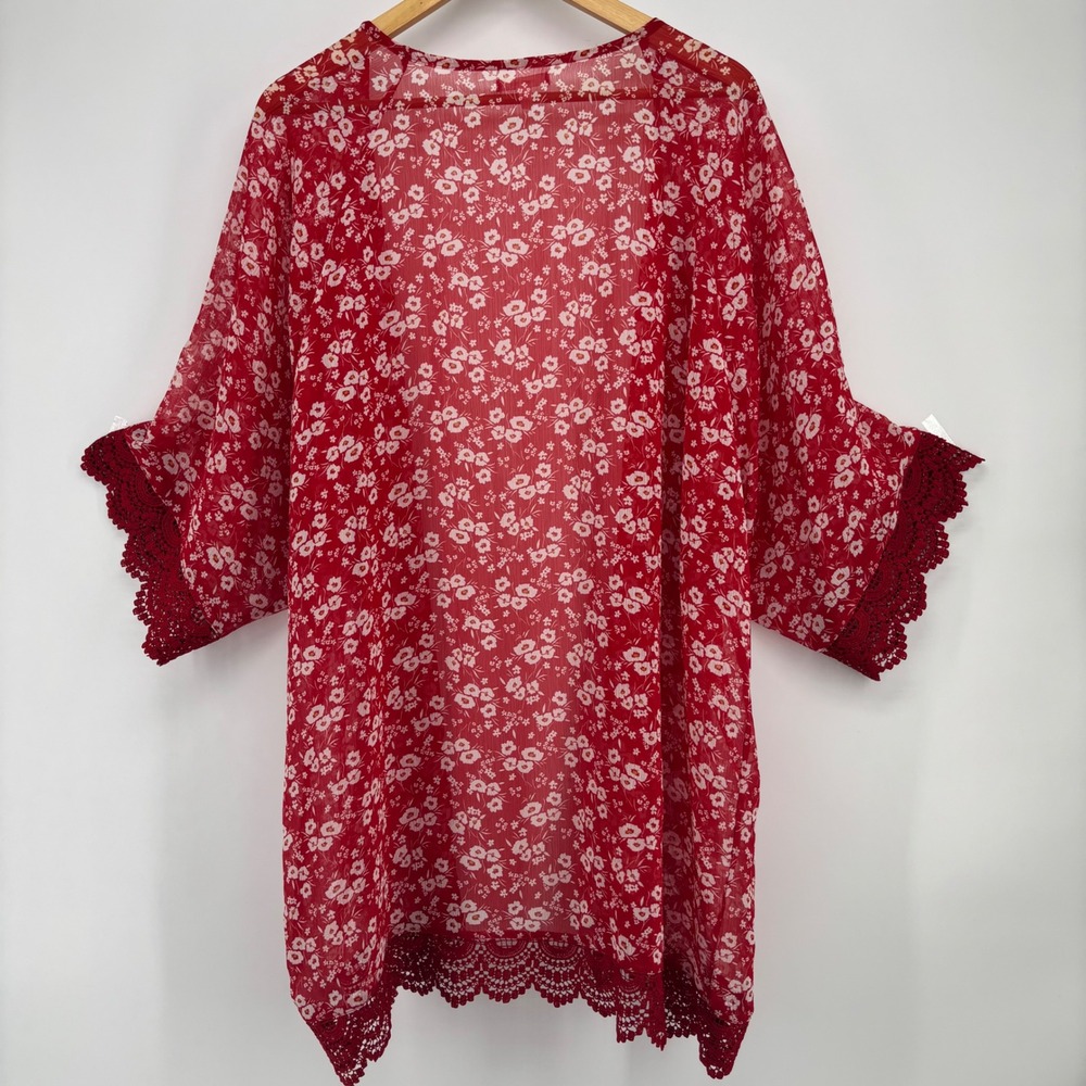 Maurices Ditsy Floral Kimono Wrap Crochet Lace‎ Sheer Open Front Plus Size 1 Red - Picture 2 of 8